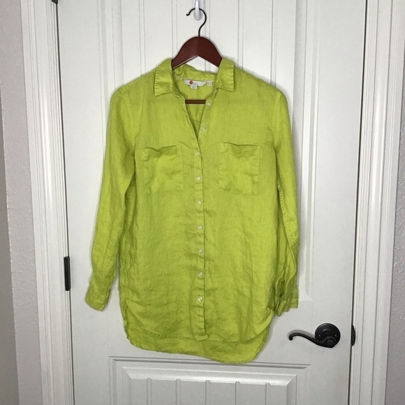 Boden 100% Linen Button Down Shirt in Chartreuse. - Picture 2 of 10